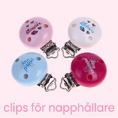 Clips för napphållare, både enfärgade och med motiv